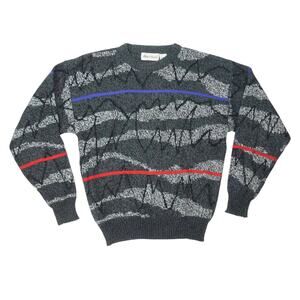 Vintage 80s/90s Michael Gerald Grey and Black Scribble Stripe Sweater Mens L